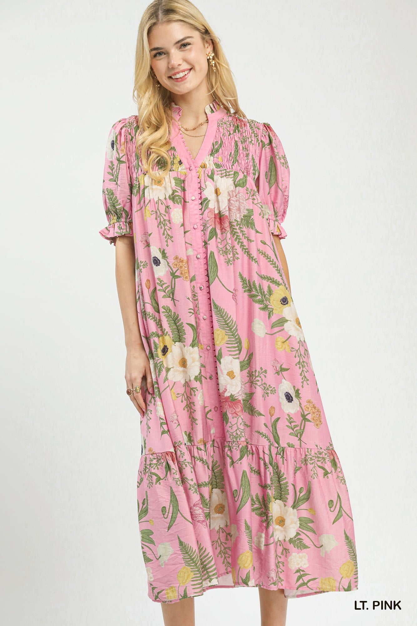 UMGEE Floral Smocked Button Front Midi Dress In Light Pink