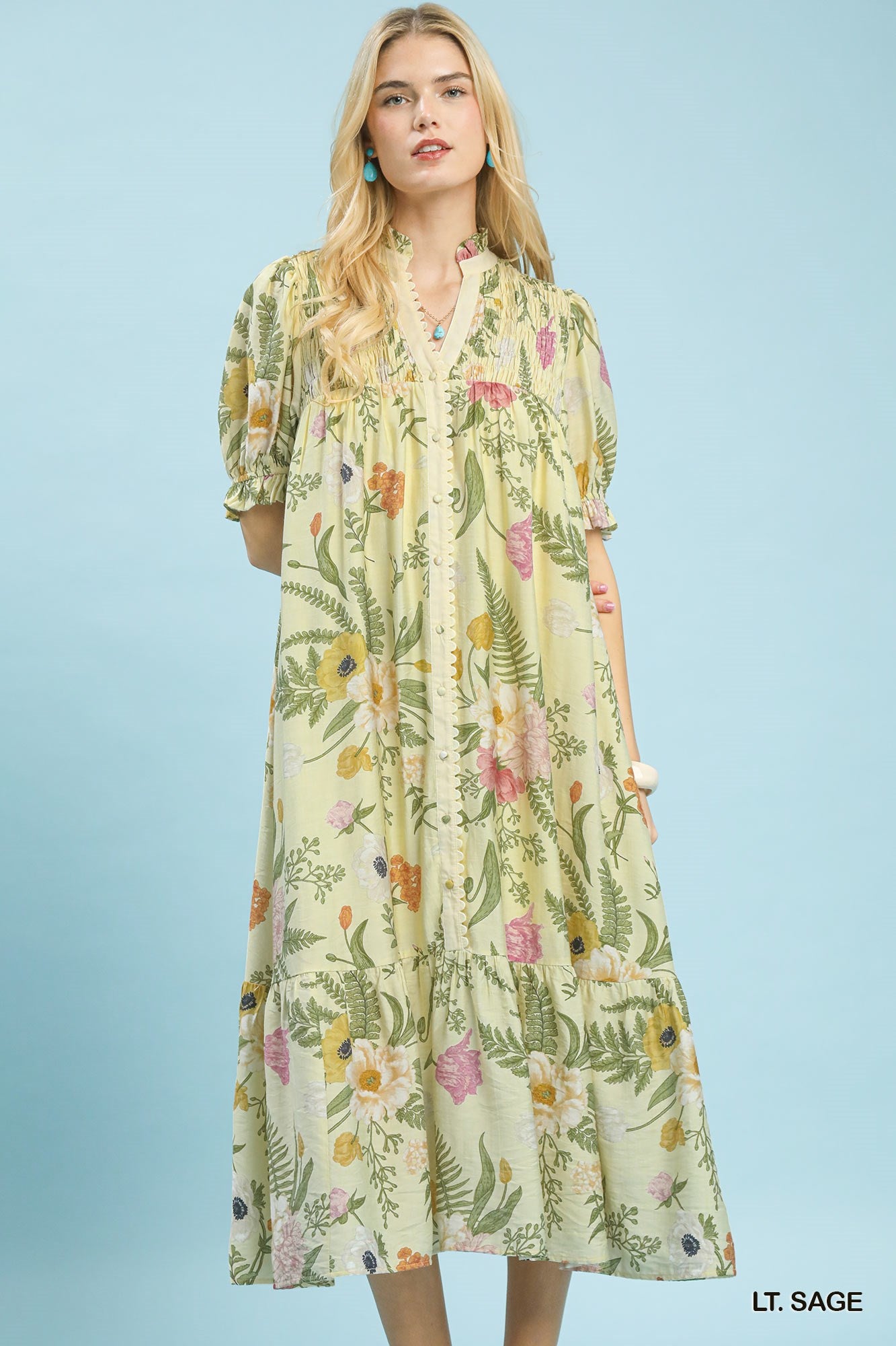 UMGEE Floral Smocked Button Front Midi Dress In Light Sage
