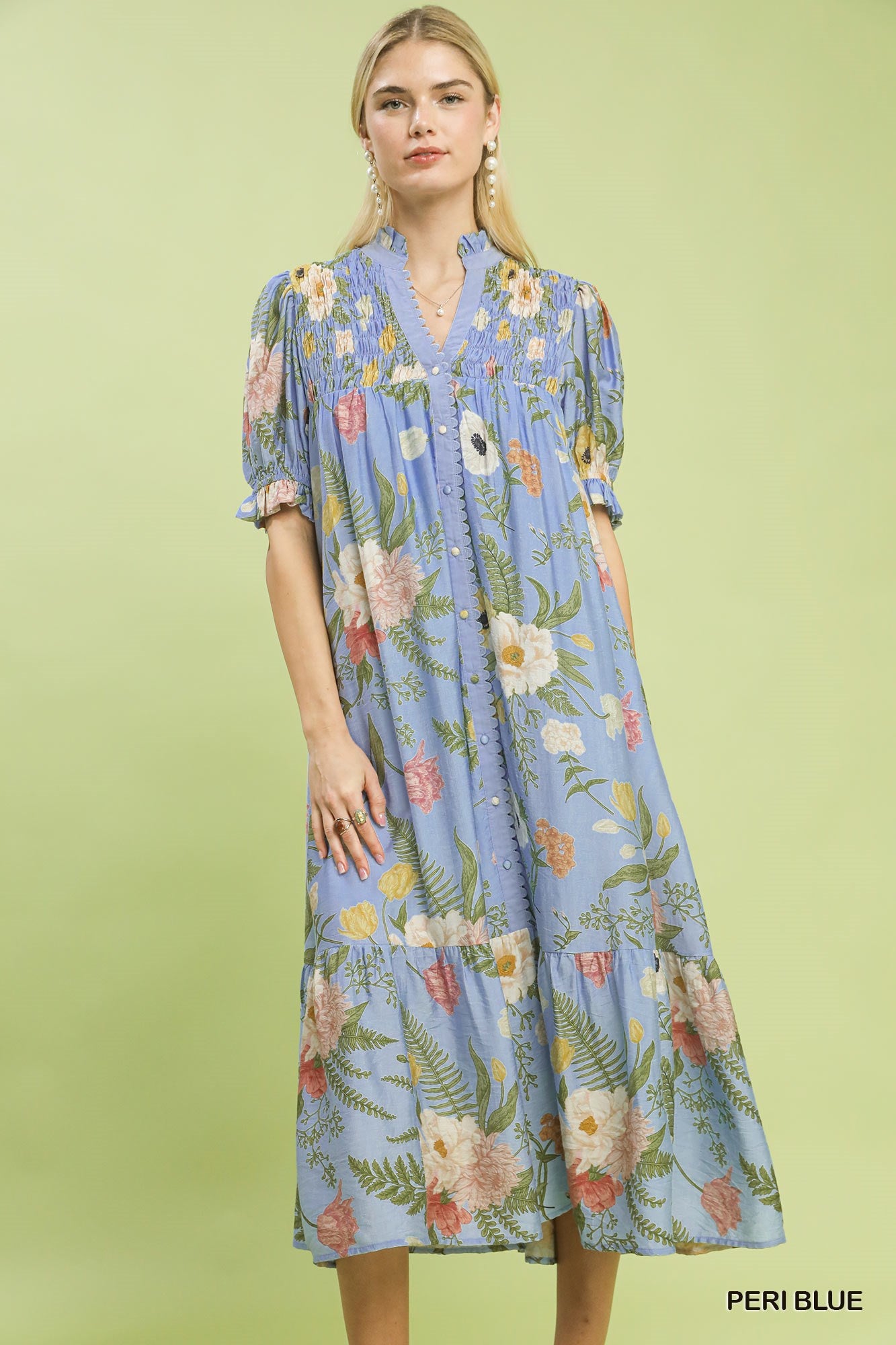 UMGEE Floral Smocked Button Front Midi Dress In Peri Blue