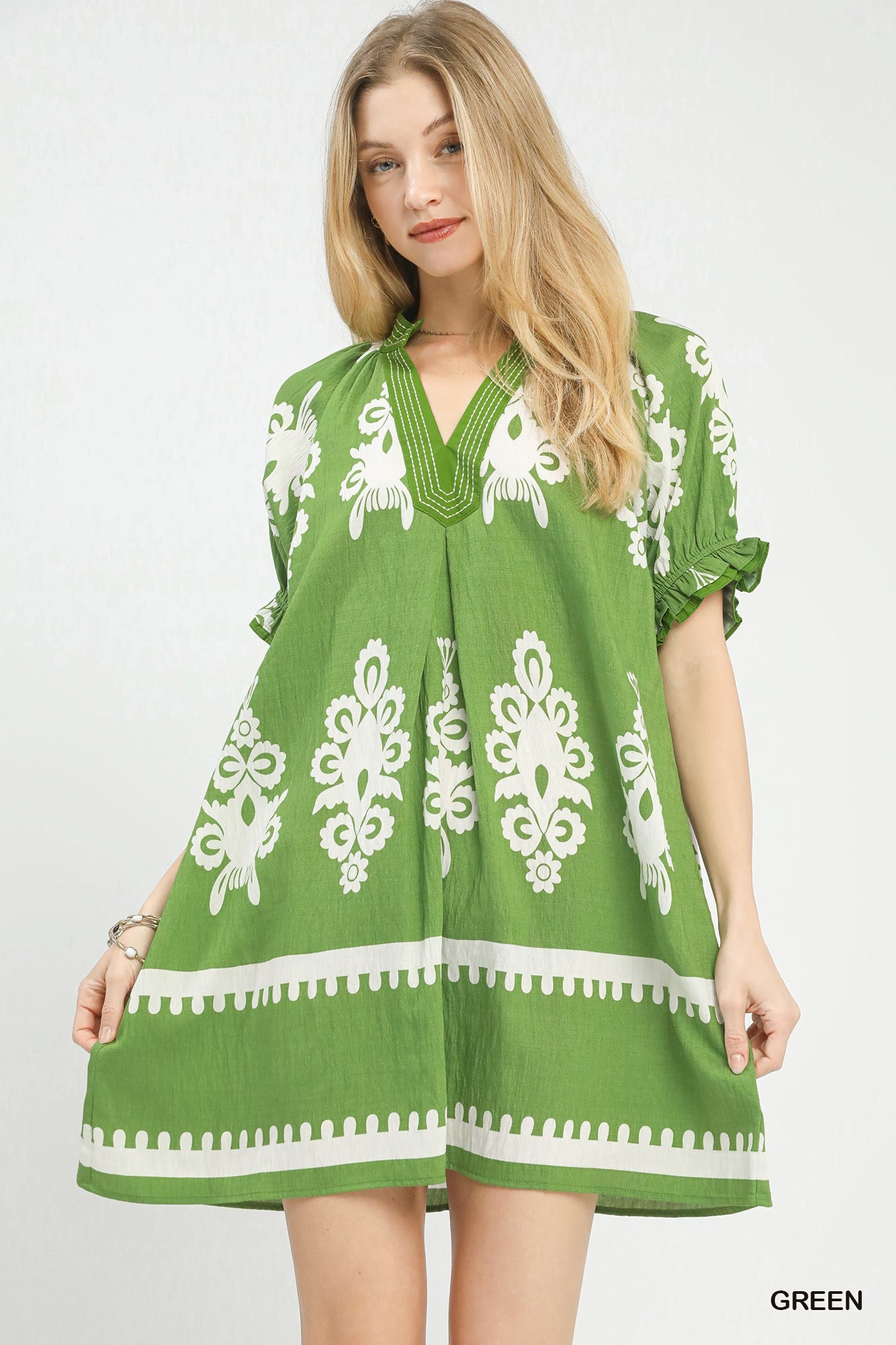 Umgee Two Toned Border Print Mini Dress In Green *COMING SOON*