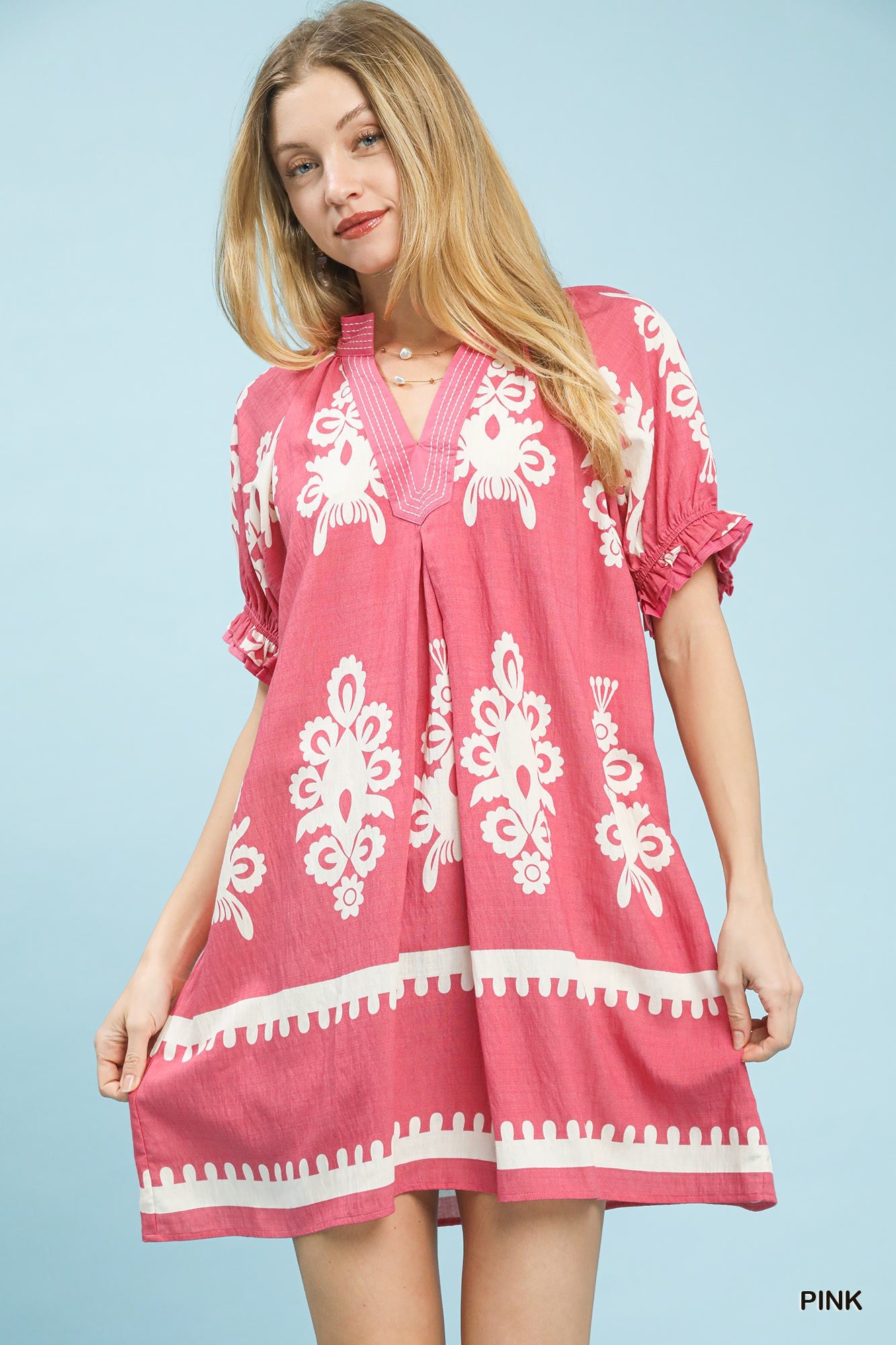Umgee Two Toned Border Print Mini Dress In Pink *COMING SOON*