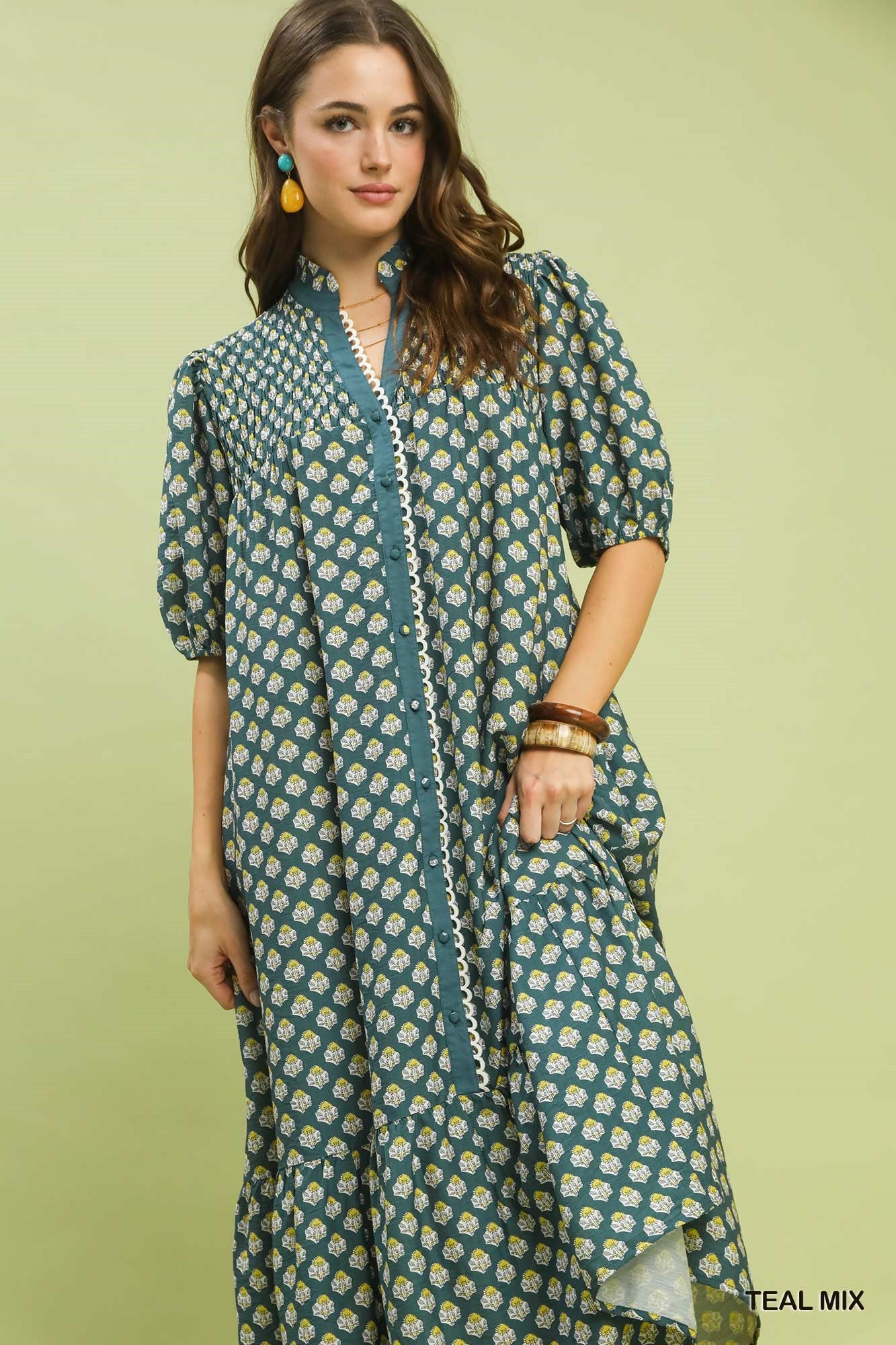 UMGEE Floral Print Button Down Midi Dress In Teal Mix