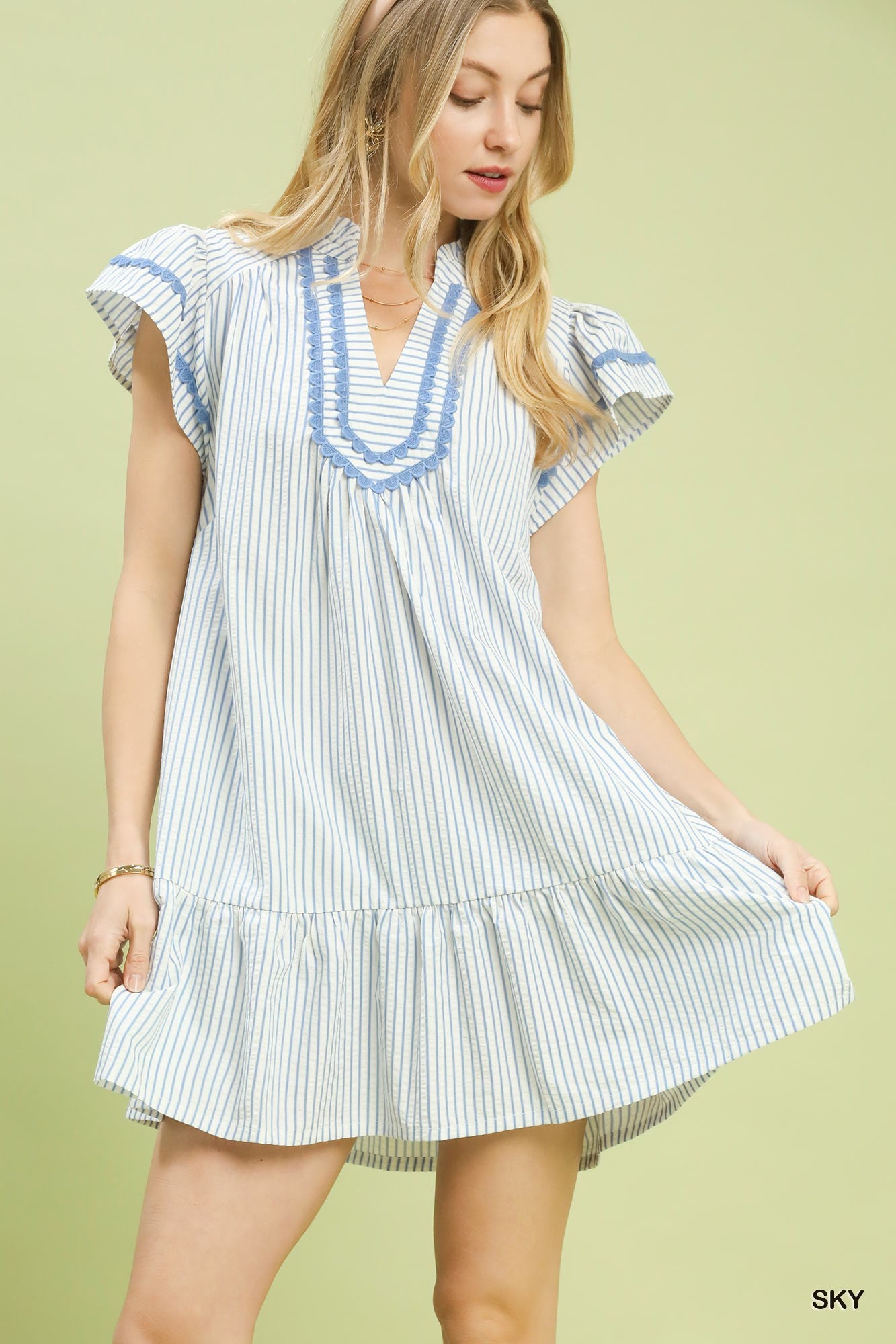 Umgee Striped Ruffle Hem Mini Dress In Sky *COMING SOON*