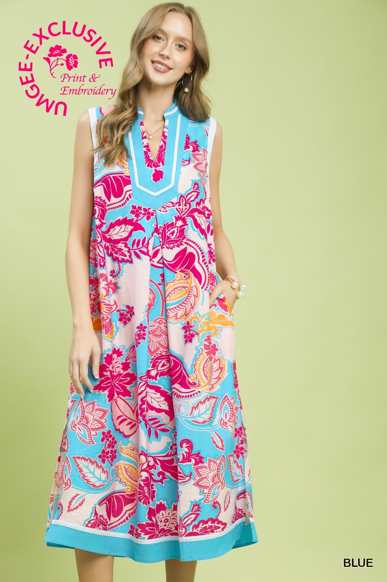 UMGEE Floral Sleeveless Midi Dress In Blue