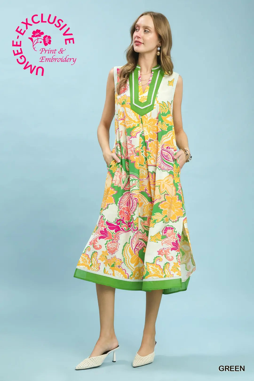 Umgee Floral Sleeveless Midi Dress In Green