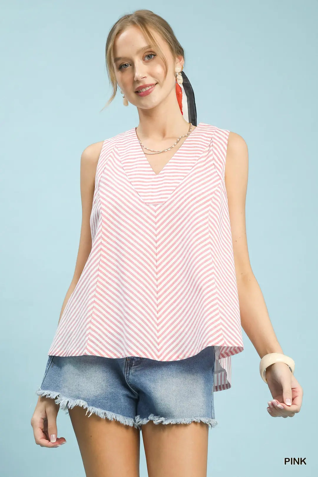 Umgee Mixed Stripe Sleeveless V Neck Top In Pink