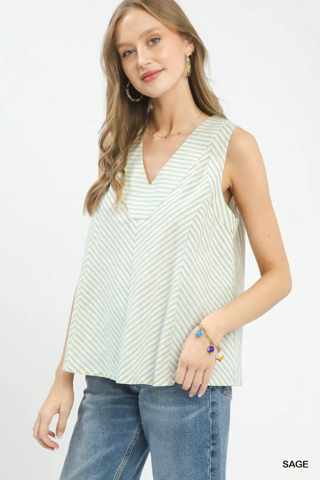 Umgee Mixed Stripe Sleeveless V Neck Top In Sage