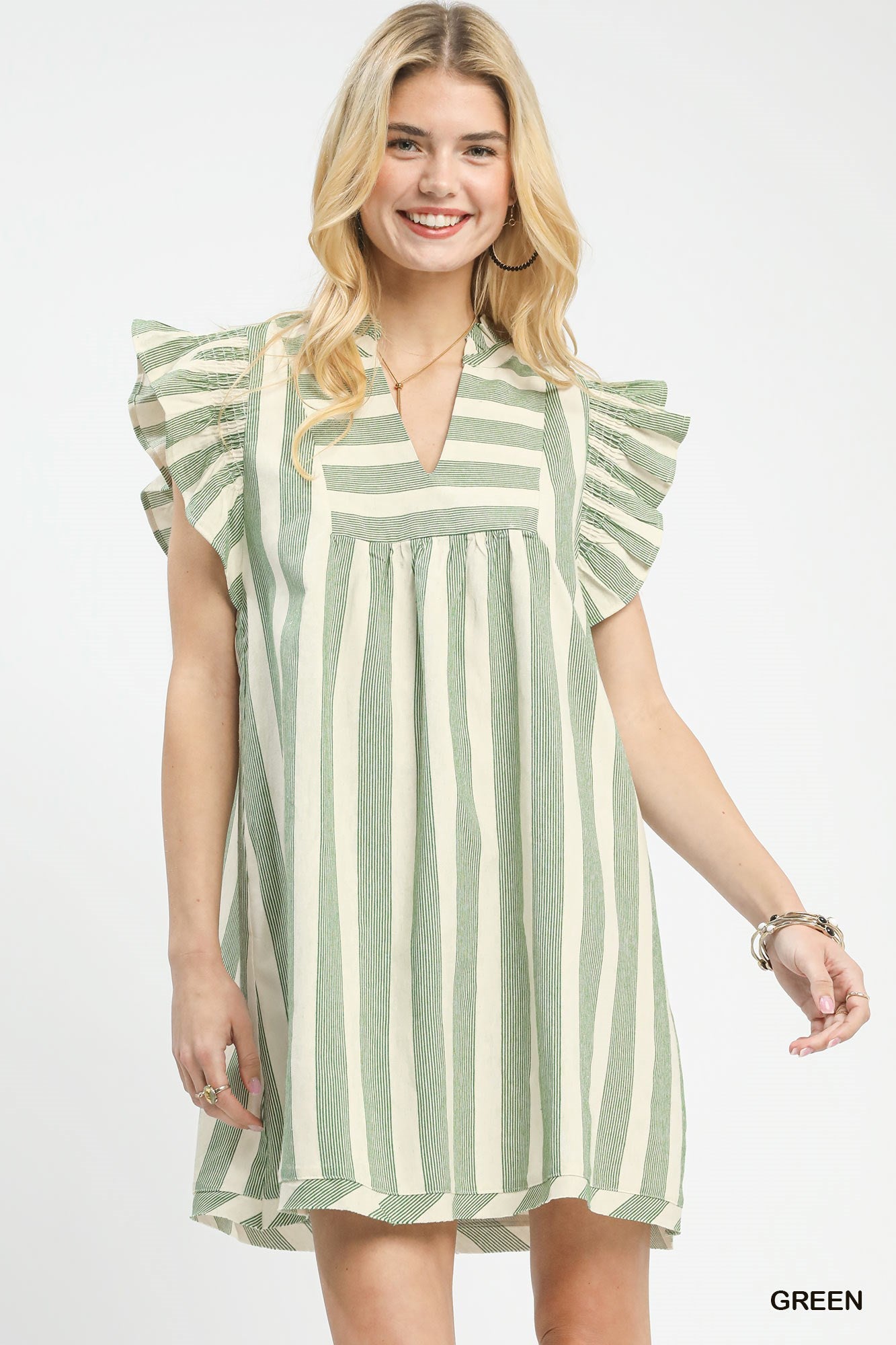 UMGEE Striped Ruffle Sleeve Mini Dress In Green