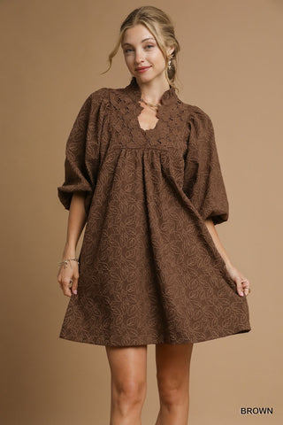 UMGEE Jacquard Lace 3/4 Sleeve Dress In Brown