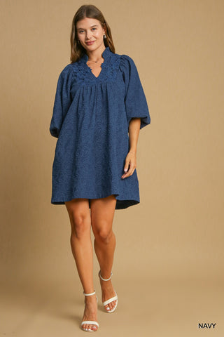 UMGEE Jacquard Lace 3/4 Sleeve Dress In Navy