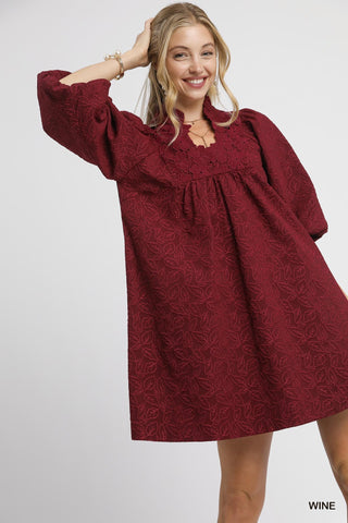 UMGEE Jacquard Lace 3/4 Sleeve Dress In Wine