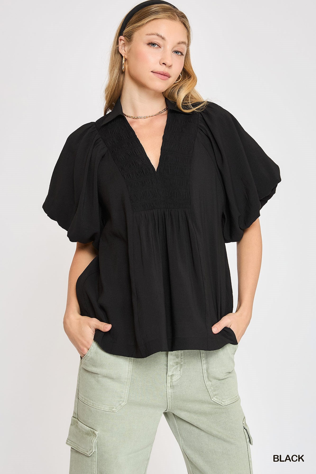 Umgee Smocked V Neck Puff Sleeve Top In Black *COMING SOON*