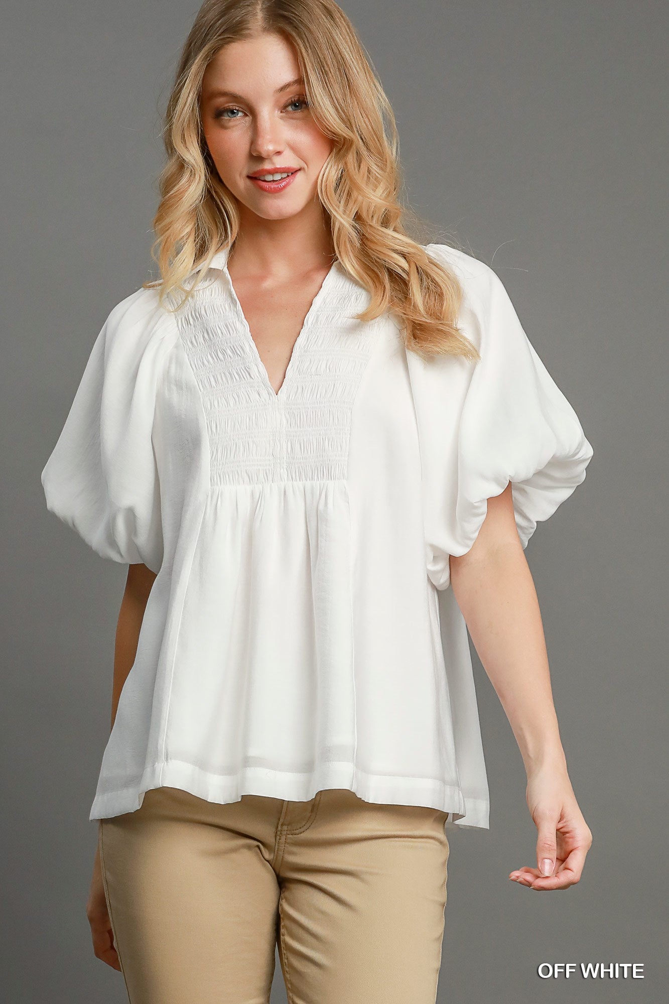 Umgee Smocked V Neck Puff Sleeve Top In Off White *COMING SOON*