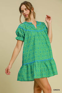 Umgee Eyelet Mini Dress With Ric Rac Trim In Green *COMING SOON*