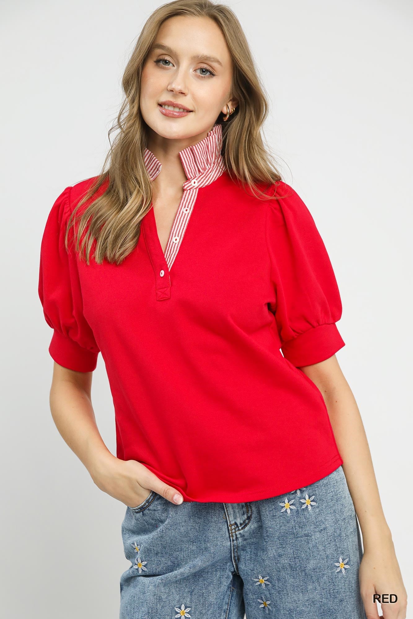 Umgee Striped Collar Popover Top In Red