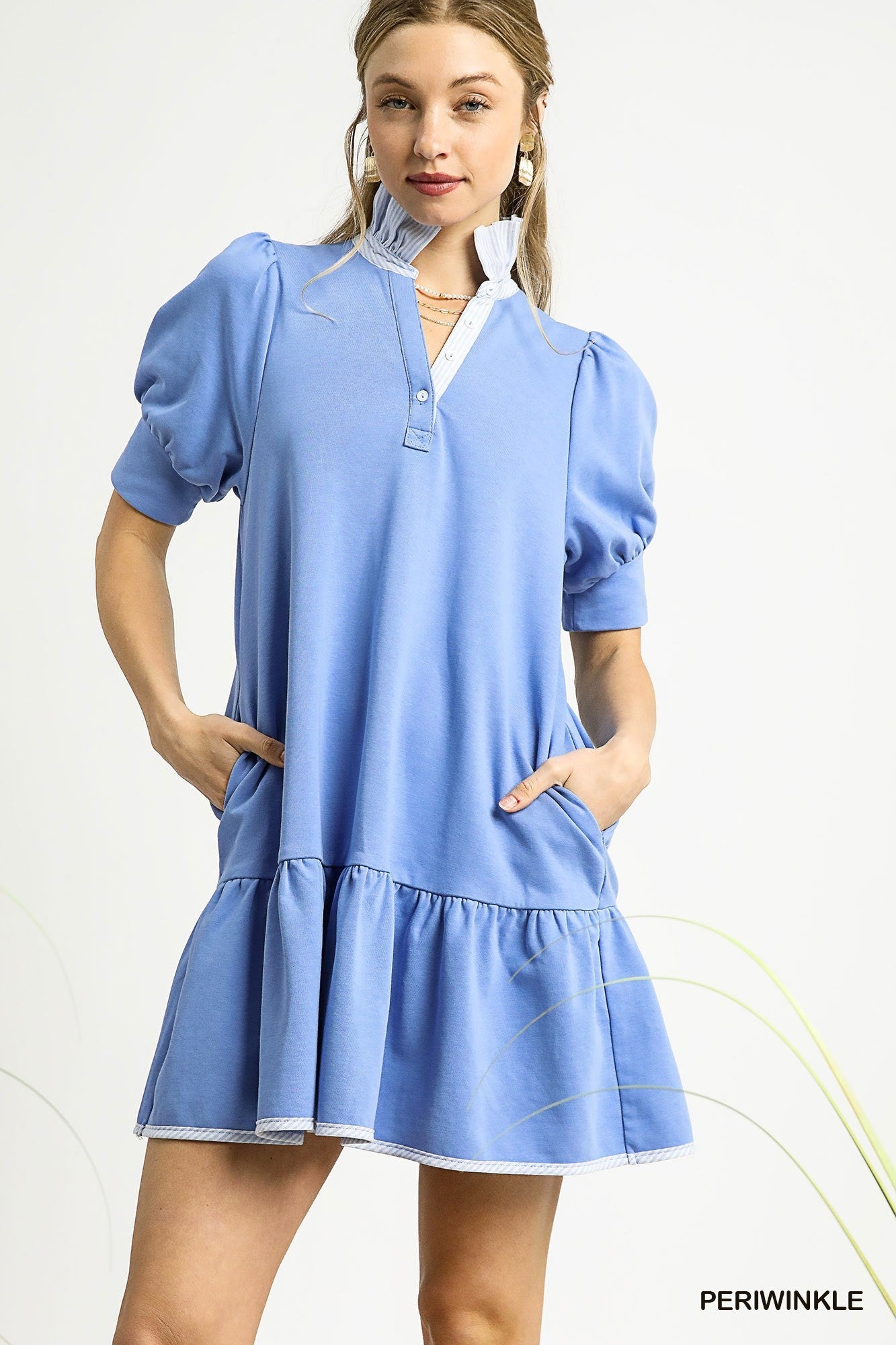 UMGEE Puff Sleeve Tiered Knit Mini Dress In Periwinkle
