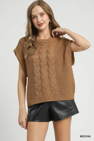 Umgee Cable Knit Sleeveless Sweater Vest In Mocha *COMING SOON*