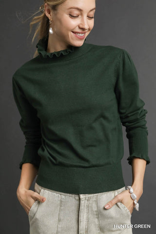 Umgee Ruffle Mock Neck Sweater In Hunter Green  *COMING SOON*