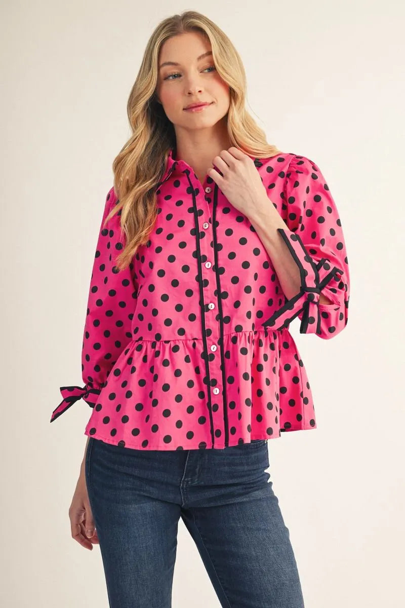 Jodifl Polka Dot 3/4 Sleeve Peplum Top In Fuchsia *COMING SOON*