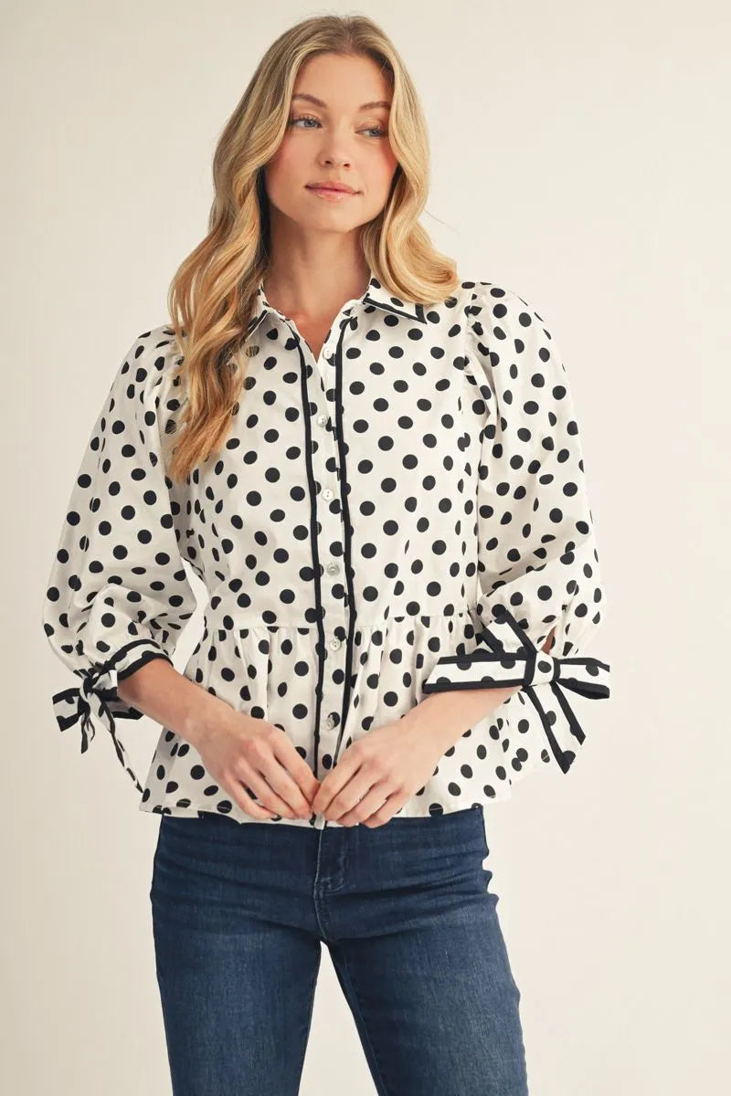 Jodifl Polka Dot 3/4 Sleeve Peplum Top In Off White *COMING SOON*