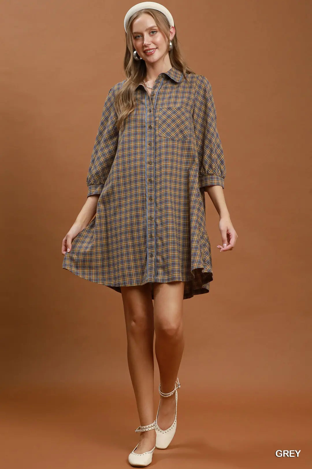 UMGEE Plaid Button Down Oversized Shirt Dress In Grey