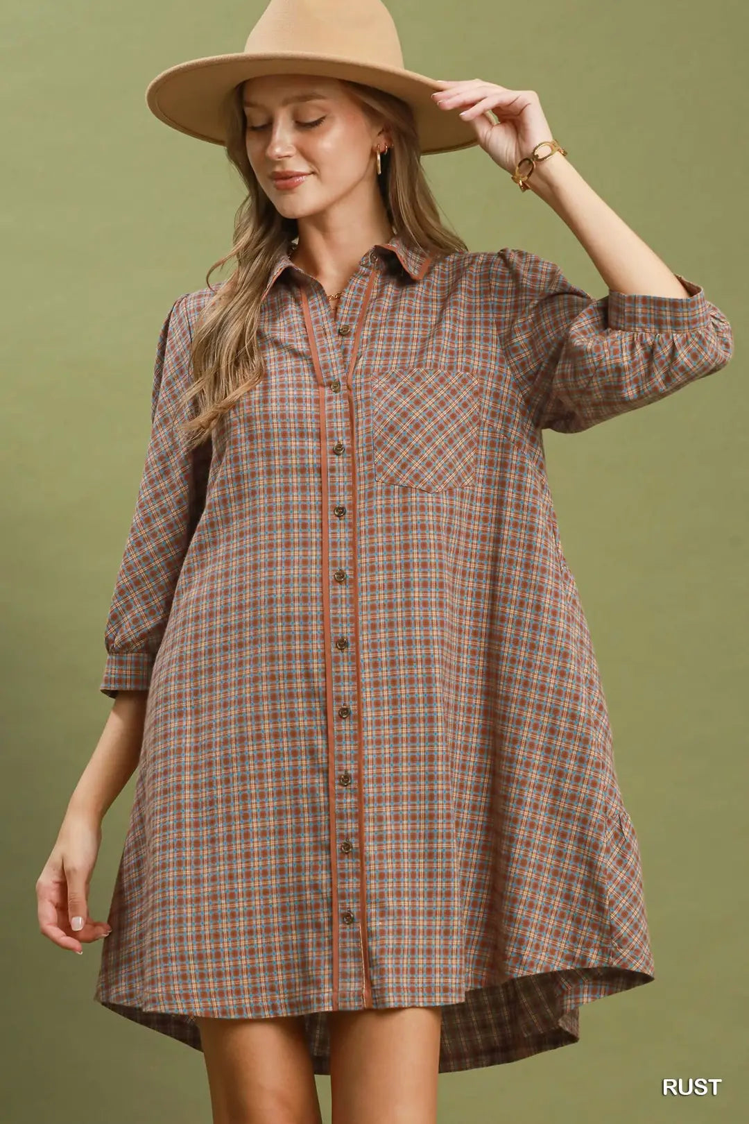 UMGEE Plaid Button Down Oversized Shirt Dress In Rust
