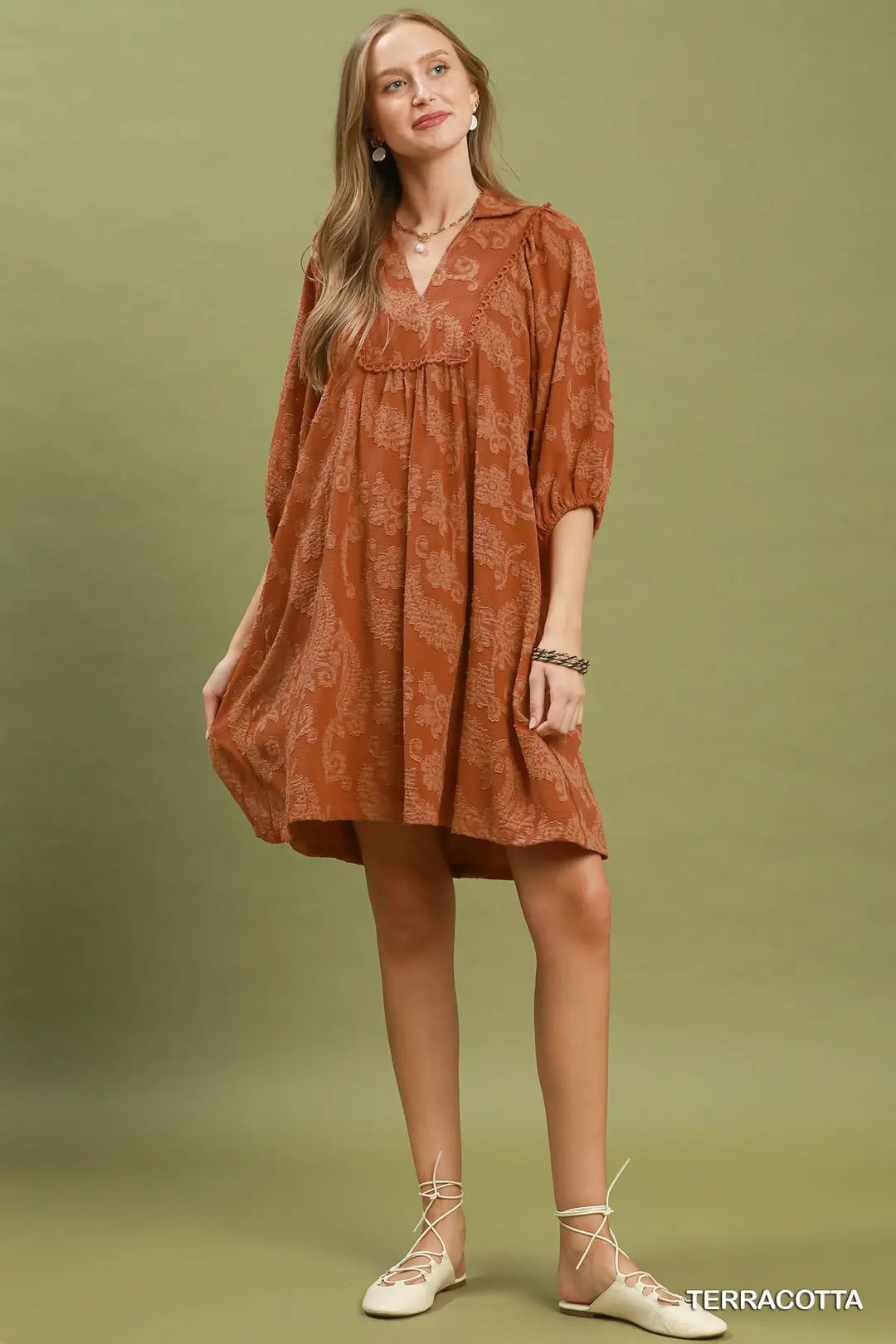 UMGEE Paisley Print Puff Sleeve Babydoll Dress In Terracotta