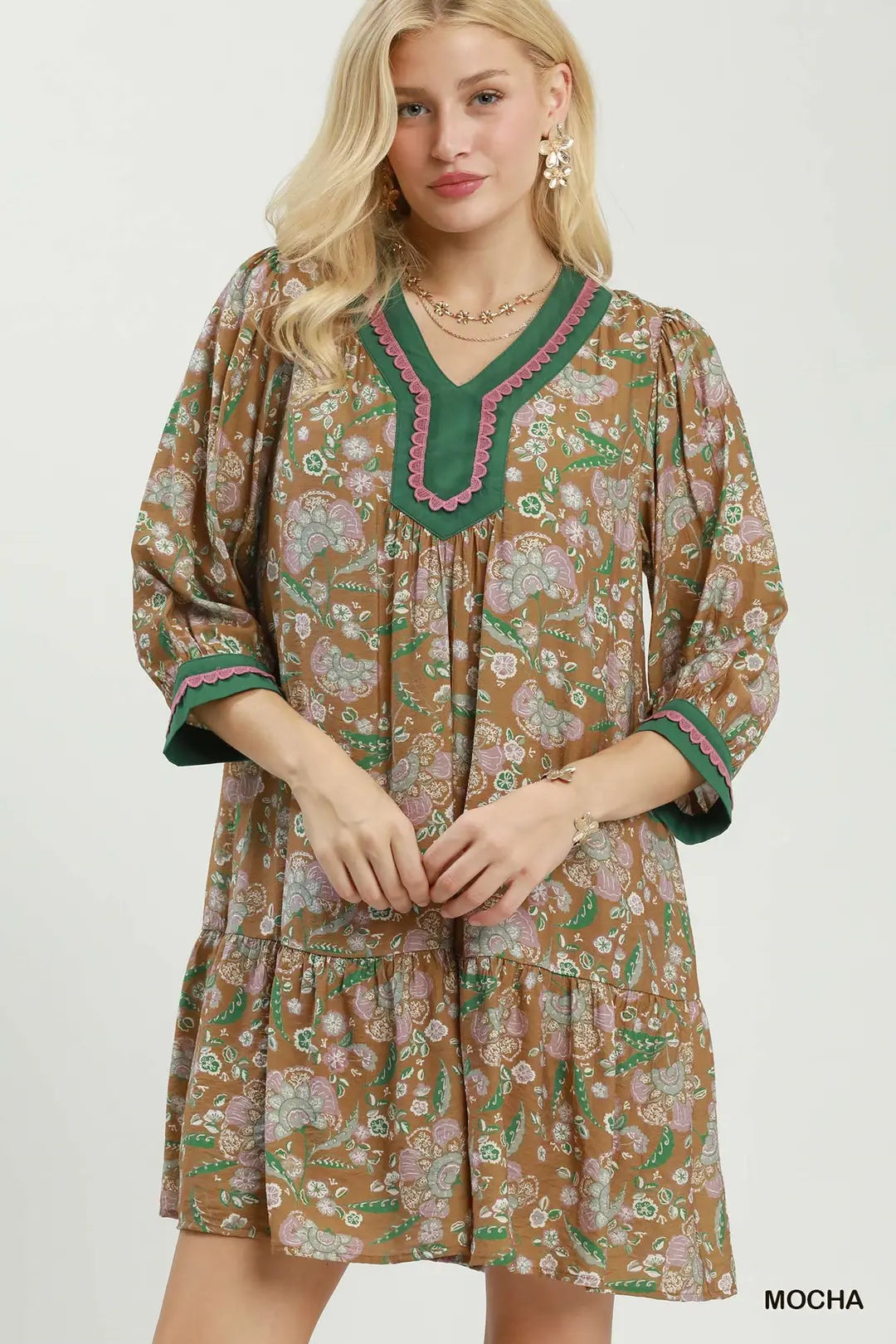 UMGEE Floral Print Contrast Trimmed Tiered Boho Dress In Mocha