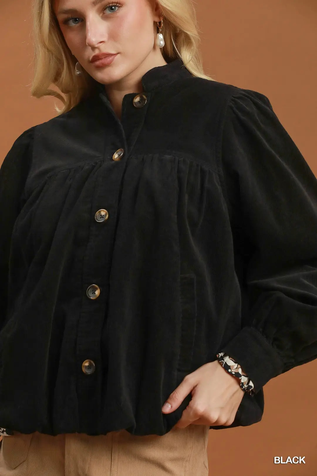 UMGEE Corduroy button Front Babydoll Jacket In Black