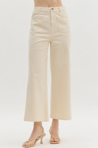 ENTRO Solid High Waisted Wide Leg Pant In Ecru