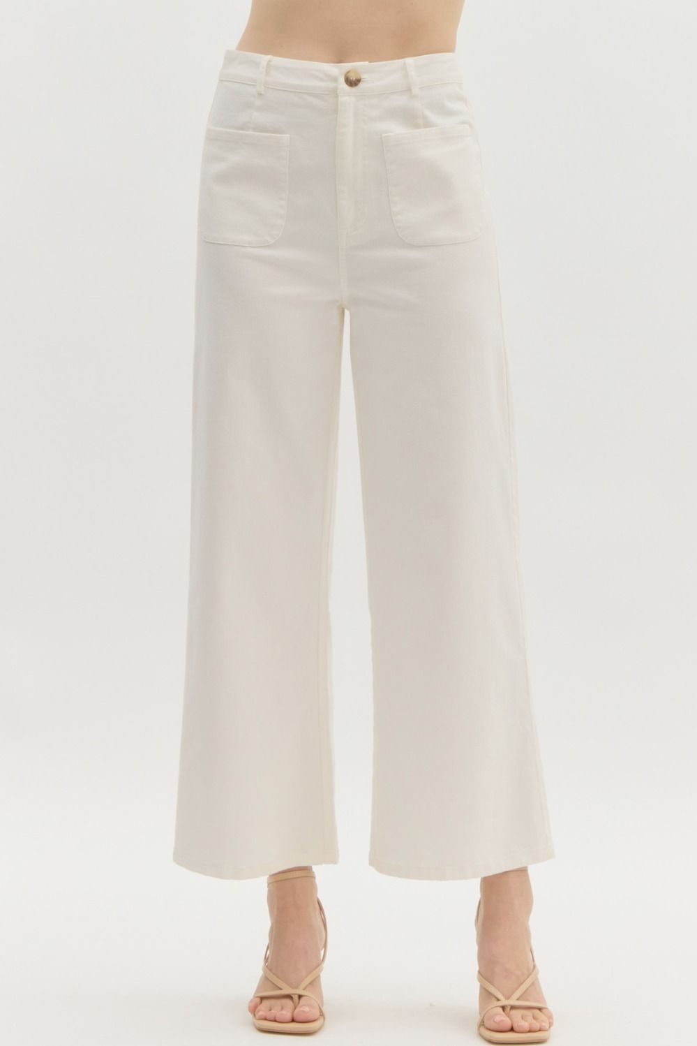 ENTRO Solid High Waisted Wide Leg Pant In Off White