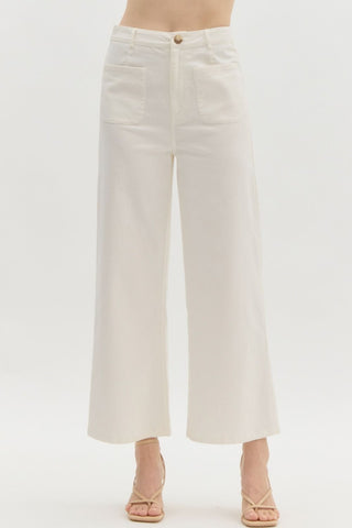 ENTRO Solid High Waisted Wide Leg Pant In Off White