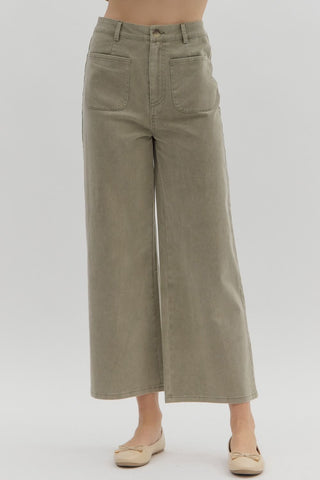 ENTRO Solid High Waisted Wide Leg Pant In Olive *COMING SOON*