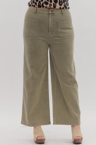 Entro Solid High Waist Patch Front Pockets In PLUS Sizes In Olive *COMING SOON*