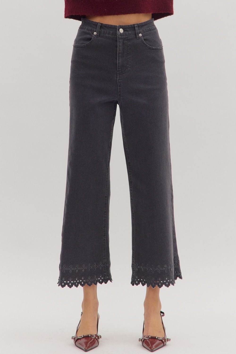 ENTRO High Waist Pants With Floral Embroidered Hem In Black *COMING SOON*