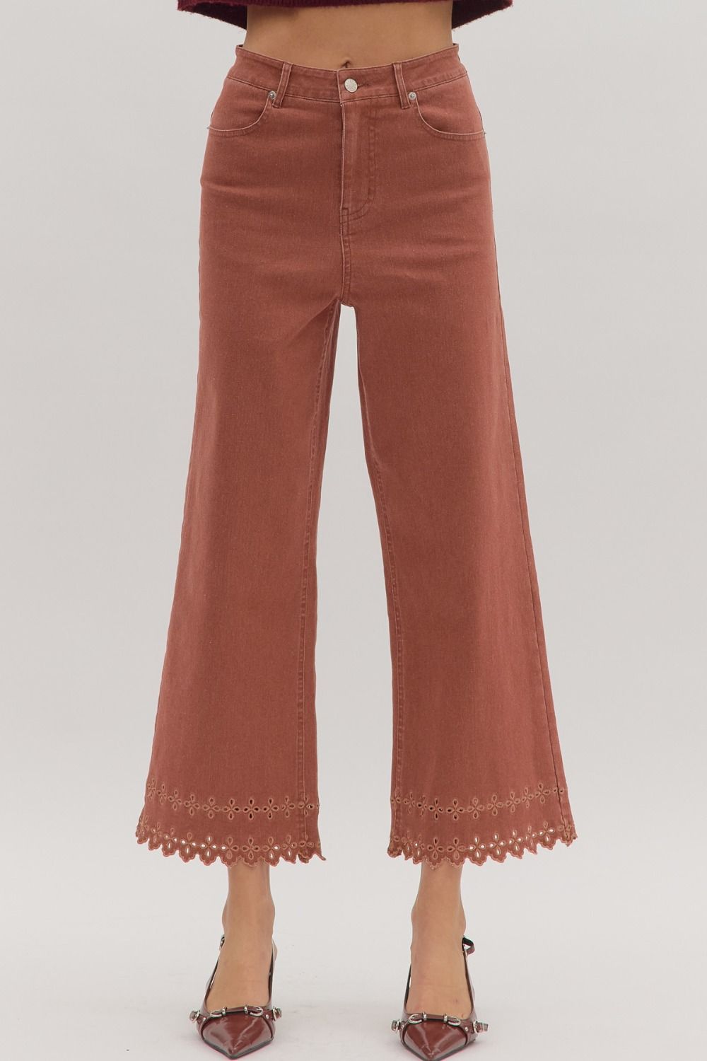 ENTRO High Waist Pants With Floral Embroidered Hem In Brick *COMING SOON*