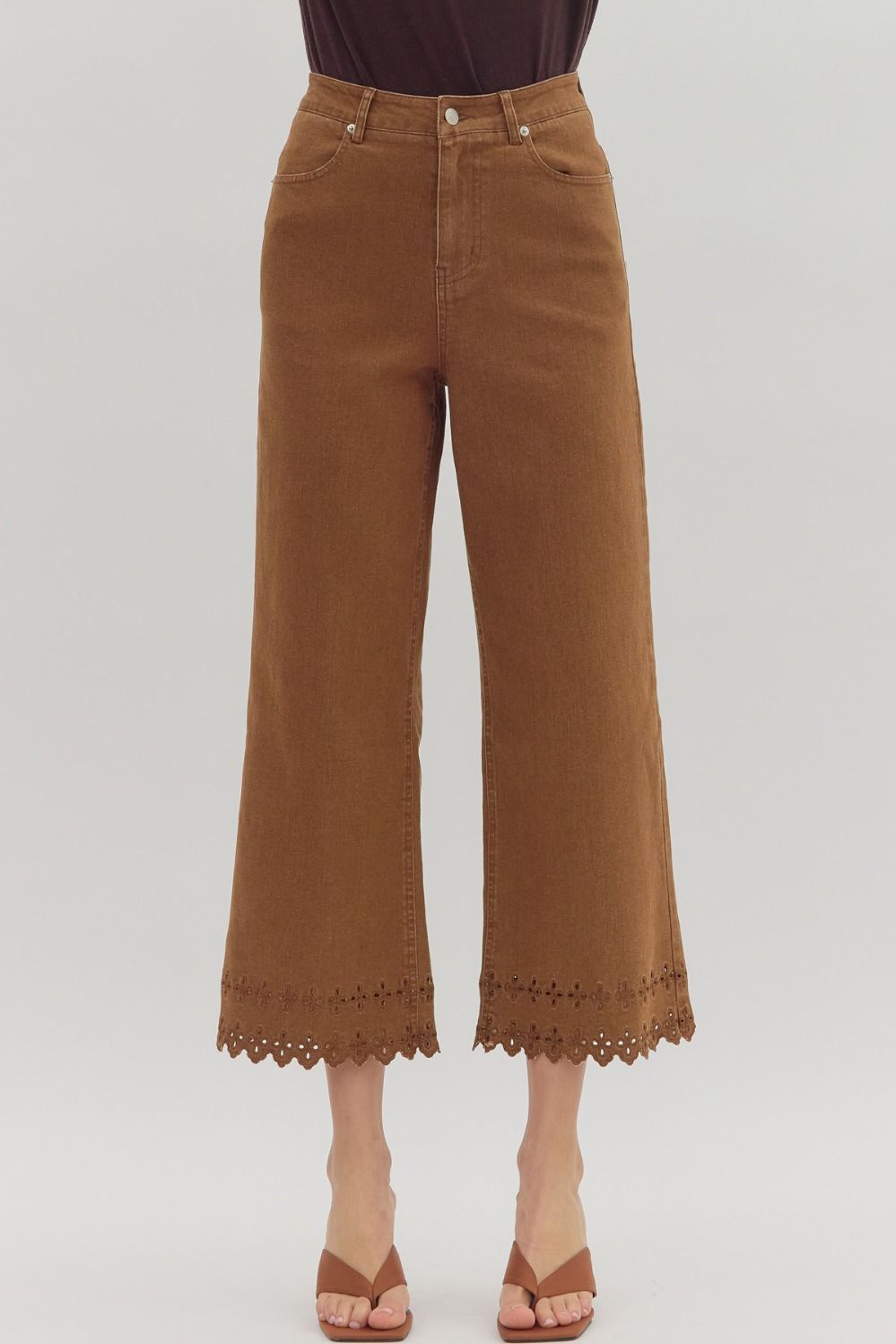 ENTRO High Waist Pants With Floral Embroidered Hem In Brown