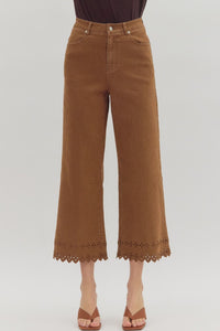 ENTRO High Waist Pants With Floral Embroidered Hem In Brown