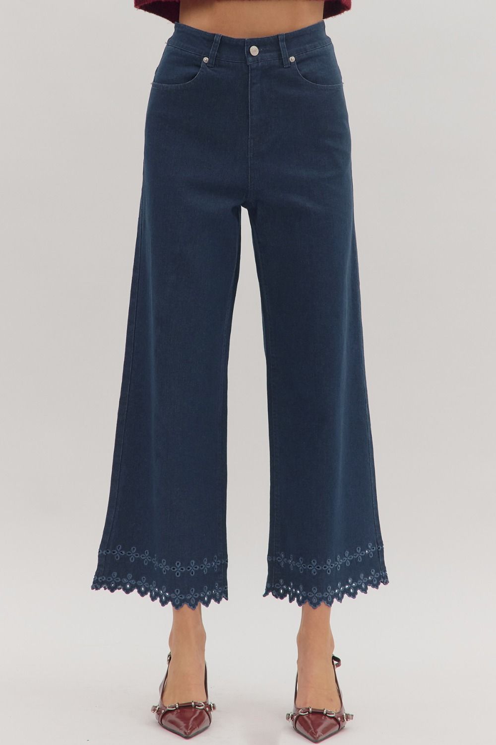 ENTRO High Waist Pants With Floral Embroidered Hem In Dark Denim *COMING SOON*