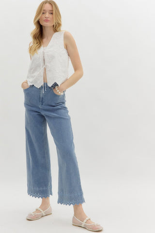 ENTRO High Waist Pants With Floral Embroidered Hem In Light Denim