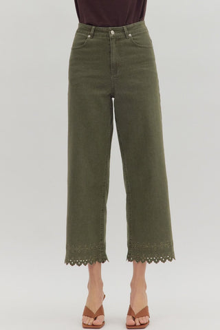 ENTRO High Waist Pants With Floral Embroidered Hem In Olive