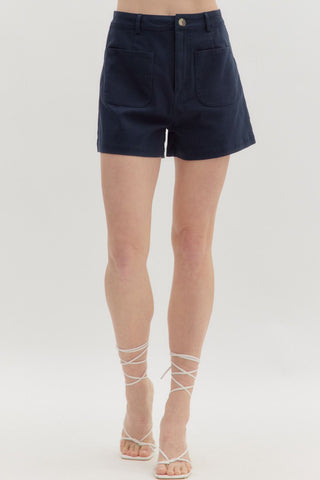 ENTRO Solid High Waist Patch Pocket Shorts In Navy  *COMING SOON*