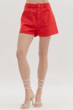 ENTRO Solid High Waist Patch Pocket Shorts In Red  *COMING SOON*