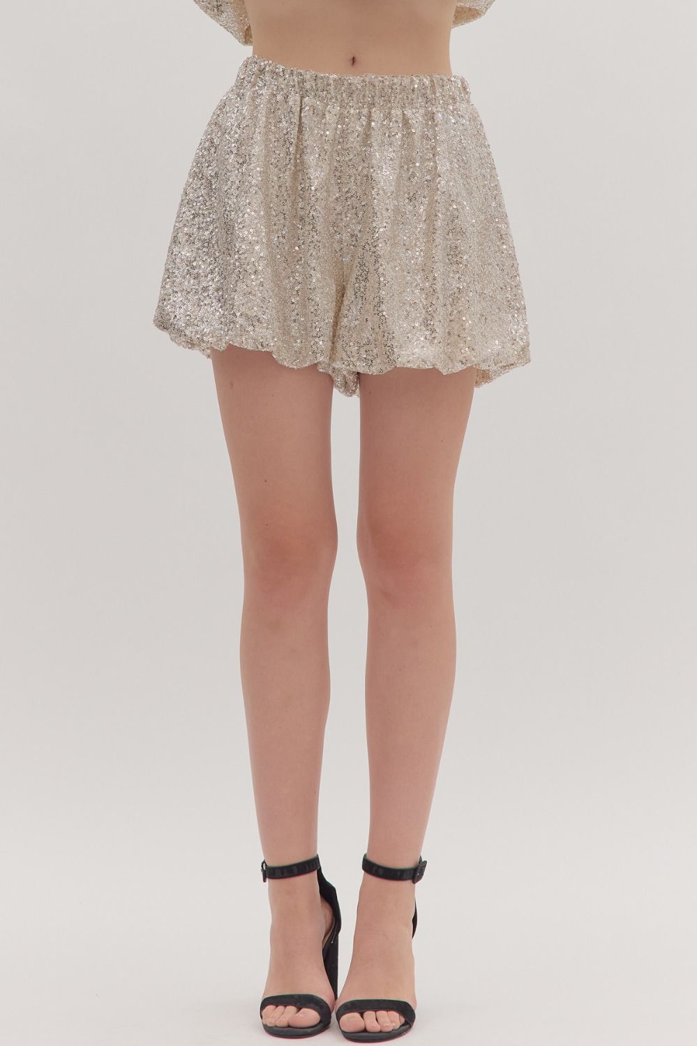 ENTRO Solid Sequin Elastic Waist Shorts In Champagne *COMING SOON*