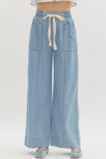 ENTRO High Waist Full Leg Pant With Stitching Detail In Light Denim