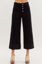 ENTRO High Waist Cuff Hem Wide Leg Pant In Black