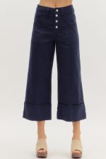 ENTRO High Waist Cuff Hem Wide Leg Pant In Navy