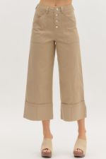 ENTRO High Waist Cuff Hem Wide Leg Pant In Tan