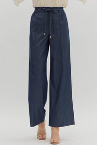 ENTRO Solid High Waist Pintuck Pants In Dark Denim