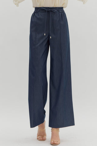 ENTRO Solid High Waist Pintuck Pants In Dark Denim